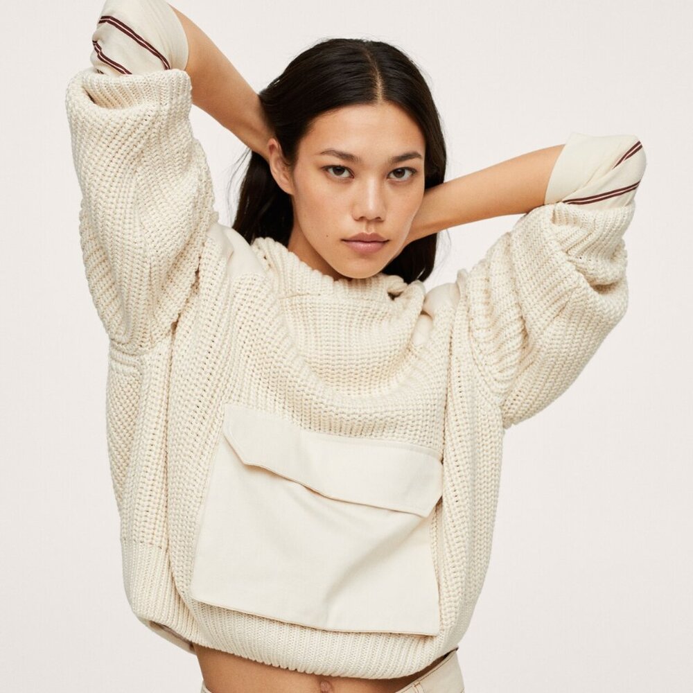 COMFY Mango Oversized XS S Ribbed Knit Pocket Hooded Pullover Sweater Ecru Cream